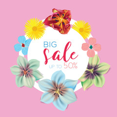 Big sale vector illustration banner. Circle label with leaves and flowers. Floral Banner, flyer, invitation, posters, brochure, voucher discount Advertising.