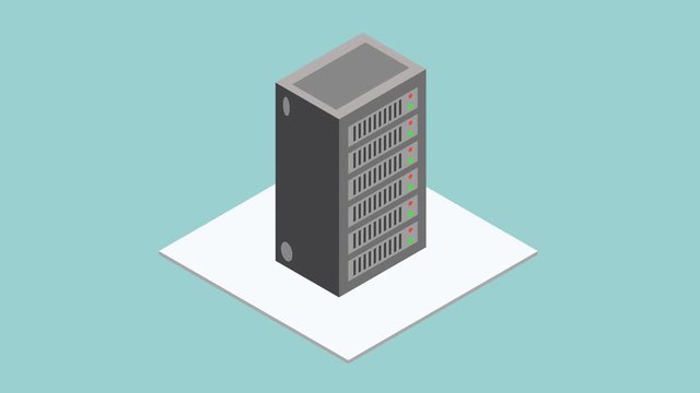Datacenter server box. Isometric interior with hardware server case cabinet motion graphic concept. Available in 4K FullHD and HD video render footage