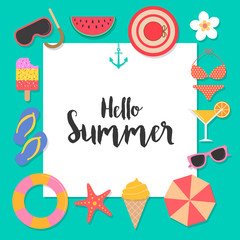 Hello Summer background with elements for template design. Vector Illustration.