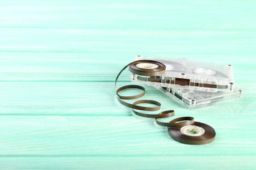 Cassette tapes on mint wooden table