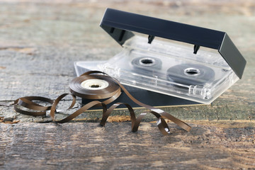 Cassette tapes on the wooden table