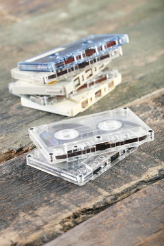 Cassette tapes on the wooden table