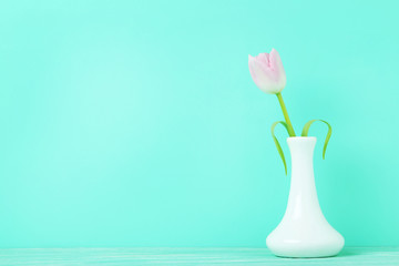 Bouquet of tulips in vase on green background