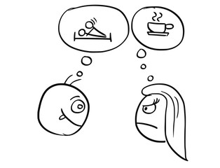 Vector Cartoon of Man and Woman on Date Thinking about Sex Intercourse and Coffee Tea