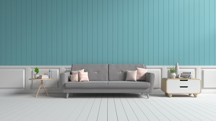 Living room with sofa, pillows and books. The blue back wall on a white wooden floor, 3D rendering