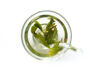 Aromatic green tea brewed in cup, topview