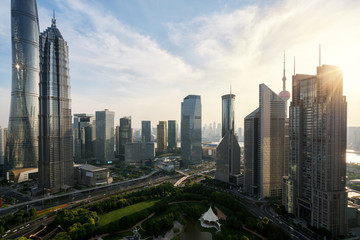 Beautiful shanghai city skyline in sunset