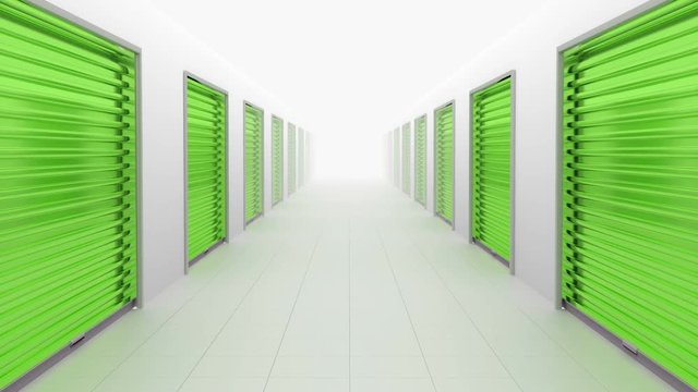 Motion through storage area with green rolling shutters.
Loop ready animation of hall filled with storage doors.