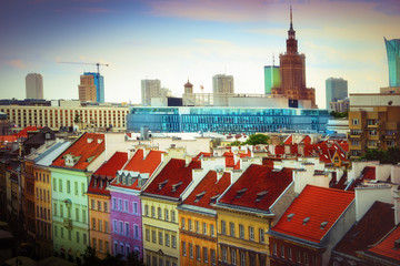 Fototapety  Warszawa kolorowa panorama. Widok na Krakowskie Przedmieście. Mazowsze, Polska.