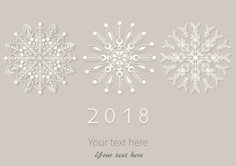 Happy New Year 2018 card with paper snowflakes. Applique background. Vector illustration.  EPS10.