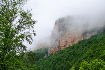 Fototapeta na wymiar Haze fog over the rocks. Cloud over the mountainin Caucasus. Green leaf forest. Mezmay and Guamka