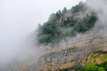 Foto op Canvas Haze fog over the rocks. Cloud over the mountainin Caucasus. Green leaf forest. Mezmay and Guamka © Boris