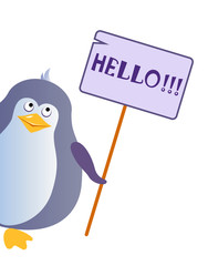 The penguin is holding a plaque with the inscription 