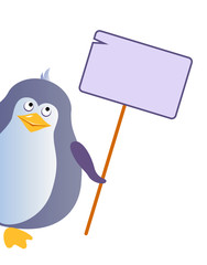 Penguin holds an empty tablet with a place for your design. Vector illustration