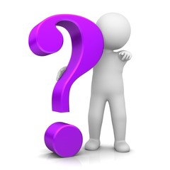 question mark 3d purple lila violet interrogation point asking sign question icon question symbol rendering with stick man pointing at you isolated on white background for business presentation