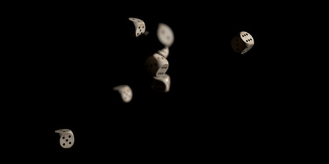 Dice rolling shooting with dark background. Focus on front.