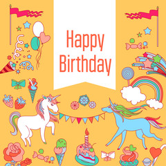 Fototapeta premium Happy birthday card with unicorn, strawberry, cake, sweets, rainbow and baloons