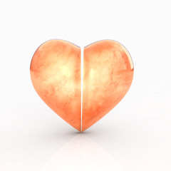 split from the center, marble in fire color bright light, big heart on white background