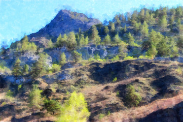 Fototapeta na wymiar Background watercolor painting mountains landscape