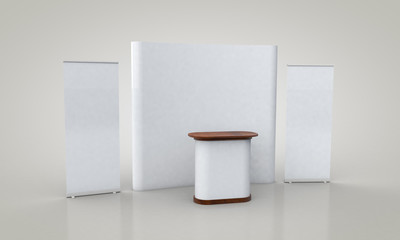 Roll Up and Pop Up Banner Stands. Trade show booth white and blank stand. 3d render isolated on white background. Advertising space on a white background, with space for text ads and design