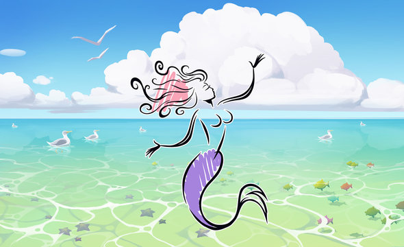 beautifull illustration of a seascape with blue water and a cartoon mermaid