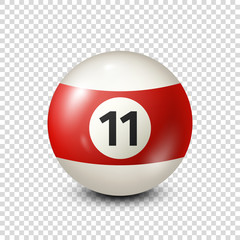 Billiard,red pool ball with number 11.Snooker. Transparent background.Vector illustration.