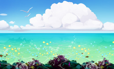 Fototapeta na wymiar beautifull illustration of a seascape with blue water and sealife in it