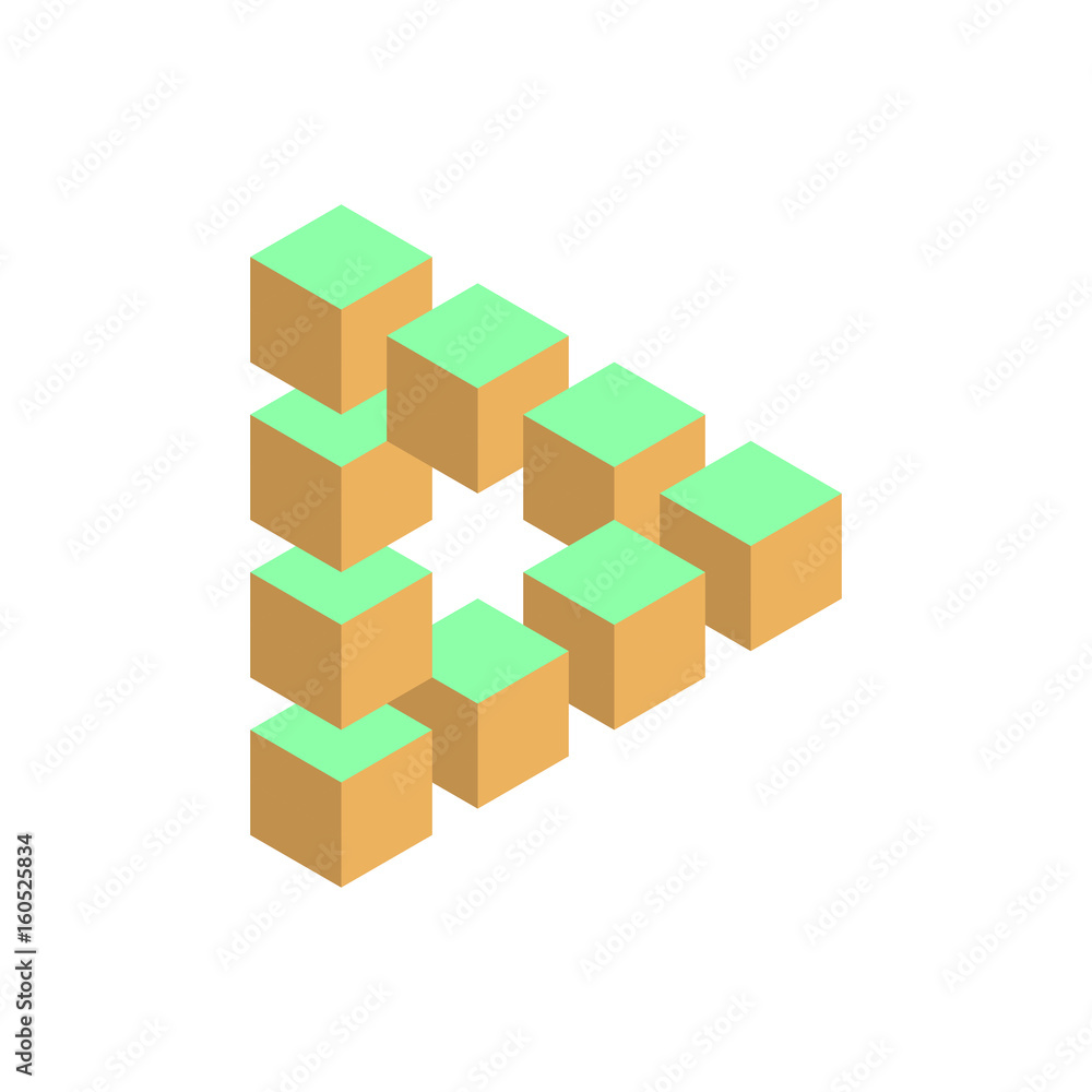 Poster impossible triangle in three different colors. 3d cubes arranged as geometric optical illusion. reut