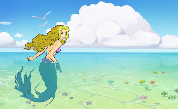 beautifull illustration of a seascape with blue water and a beautiful blond mermaid