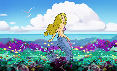 Fototapeta na wymiar beautifull illustration of a seascape with blue water and a blond mermaid