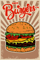 Best burgers. Hamburger illustration on grunge background. Design element for poster, restaurant menu. Vector illustration