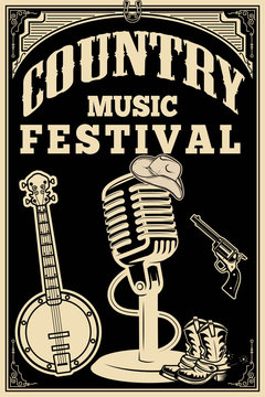 country music festival poster. Old style microphone, cowboy boots, hat, revolver, banjo. Vector design element