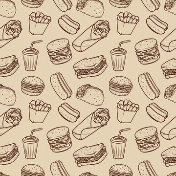 Seamless pattern with fast food illustrations pattern.  Design element for poster, wrapping paper. Vector illustration