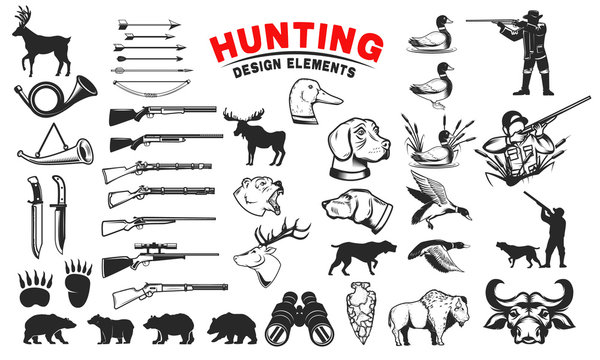 Set of hunting design elements. Hunting dogs, weapon, shooters silhouettes. Deer, bears, wild ducks. Design elements for emblem, sign, label, badge. Vector illustration