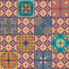 Seamless pattern with portuguese tiles in talavera style. Azulejo, moroccan, mexican ornaments.