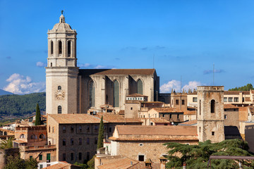 Fototapeta na wymiar Girona Cityscape With Cathedral Of Saint Mary in Catalonia, Spain