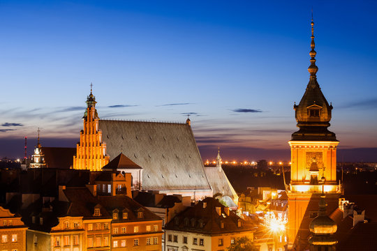 Old Town of Warsaw Capital City of Poland Twilight Skyline with Royal Castle Clock Tower