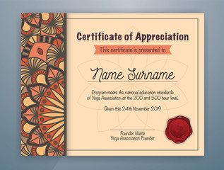 Brown Mandala Bordered Certificate of Appreciation Template Design for Yoga class. Vector illustration