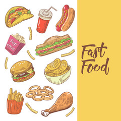 Fast Food Hand Drawn Doodle with Burger, Fries and Pop Corn. Unhealthy Eating. Vector illustration