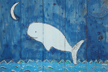 White whale on blue panel background