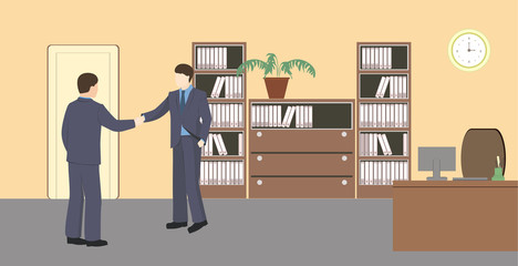People in room.  Flat style vector illustration. Situation in office. Workplace. Two men in office. Office interior. Business meeting at the office. Business partners.
