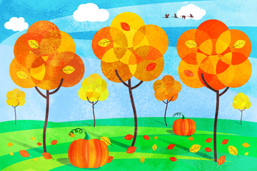 Autumn landscape, orange leaves on trees