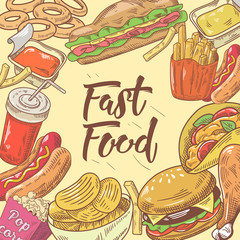 Fast Food Hand Drawn Design with Burger, Hot Dog and Drink. Unhealthy Eating. Vector illustration