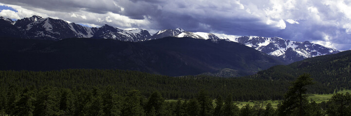 Panorama of a stormy sky over the highest peaks in Rocky Mountain National Park