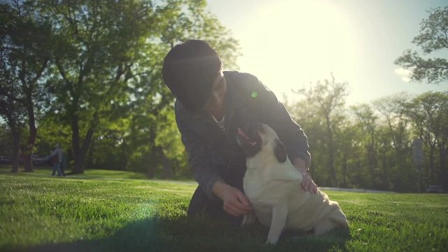 Young beautiful girl caress happy puppy pug breed park summer sun slow motion