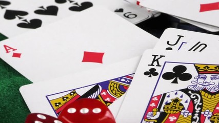 Gambling Red Dice Poker Cards and Money Chips