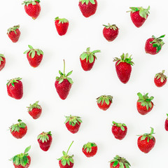 Tasty strawberry on white background. Flat lay. Top view. Summer background
