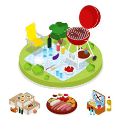 Isometric BBQ Picnic Party. Summer Holiday Camp. Grilled Meat. Vector flat 3d illustration