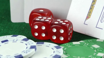Gambling Red Dice Poker Cards and Money Chips