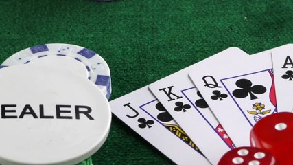 Gambling Red Dice Poker Cards and Money Chips